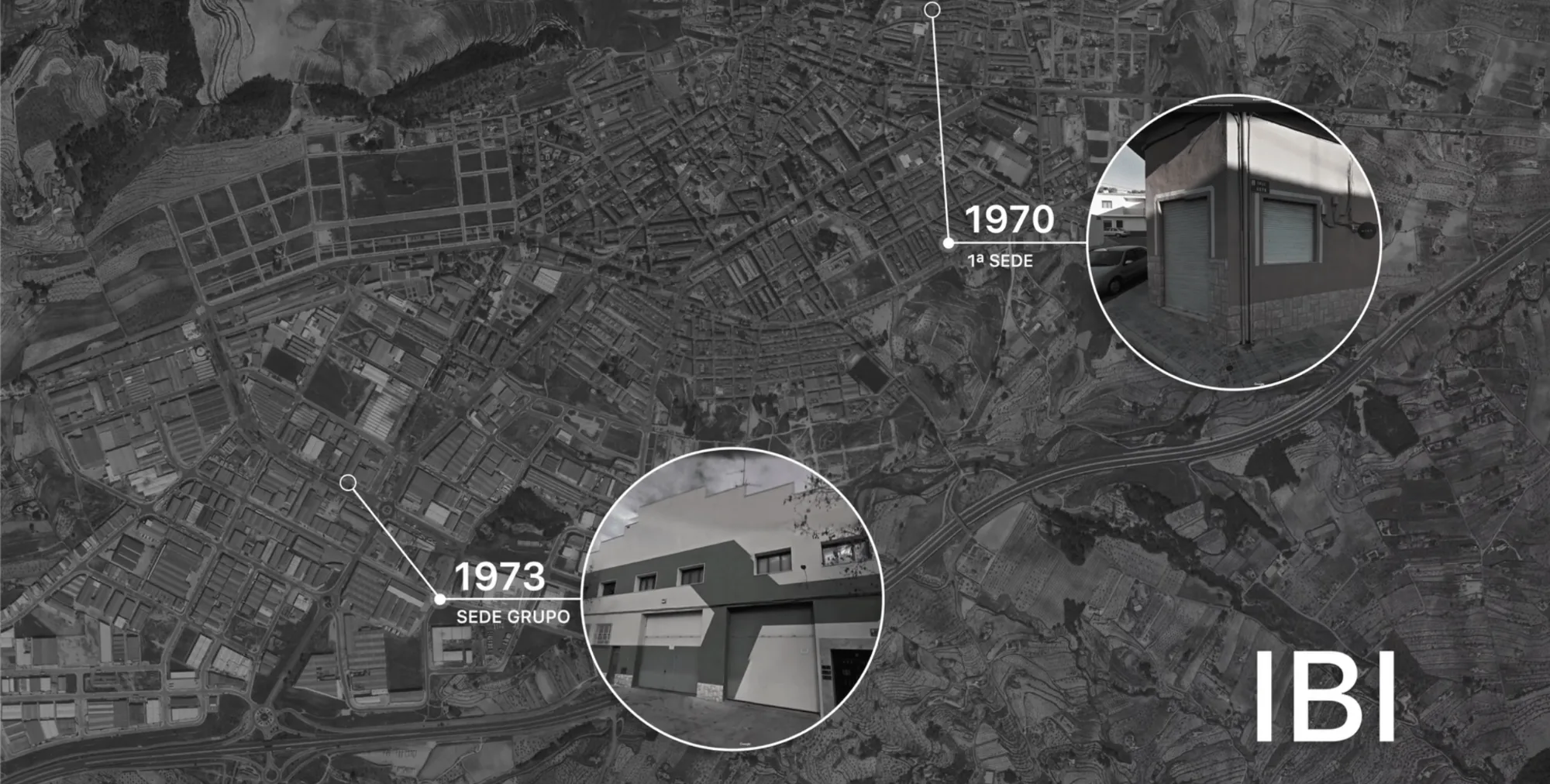 Aerial map of Ibi showing the first Grupo Juinsa headquarters (1970) and the group's headquarters (1973)