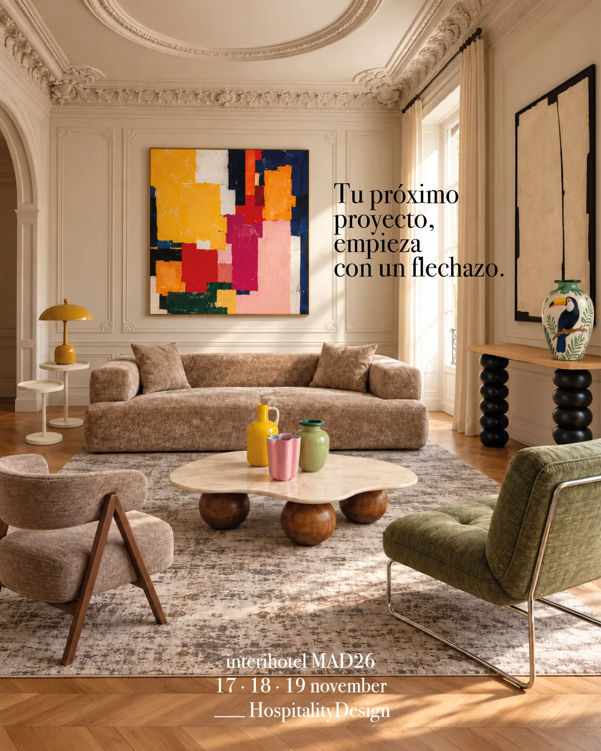 Living room styled by IXIA for interihotel MAD26: “Your next project begins with love at first sight.”